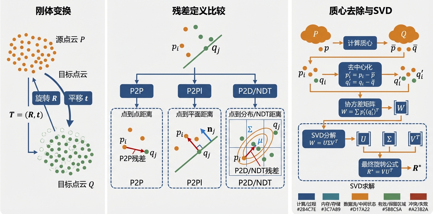 刚体变换与三类目标函数残差示意