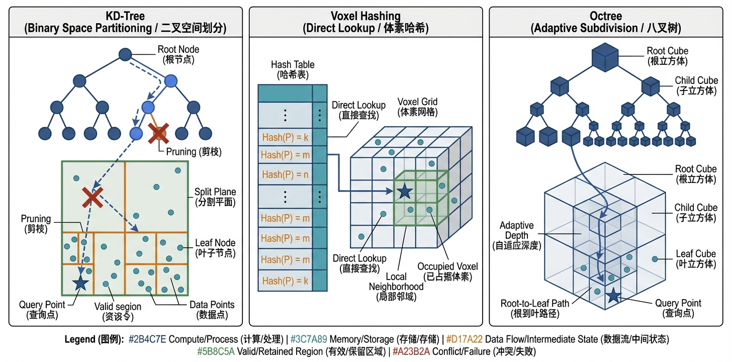 三种近邻搜索数据结构示意