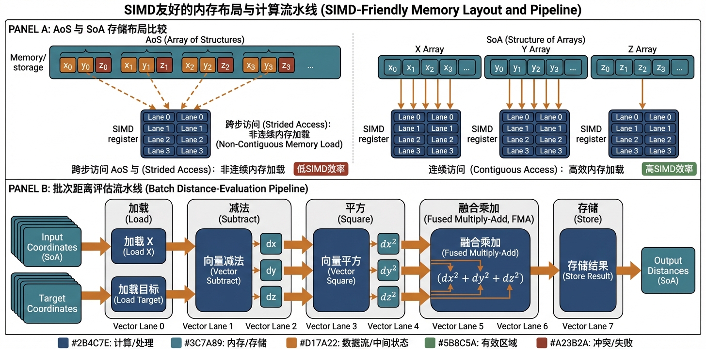 SIMD AoS 与 SoA 内存布局及 AVX2 并行距离计算